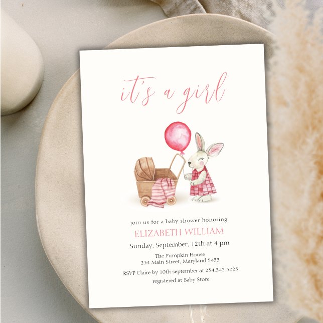 Barnvagn Bunny Balloon Girl Baby Shower Inbjudningar (Stroller Bunny Balloon Girl Baby Shower Invitation)
