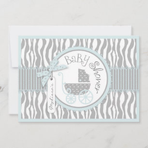Barnvagn för pojkar, Zebratryck & Blå Baby Shower Inbjudningar