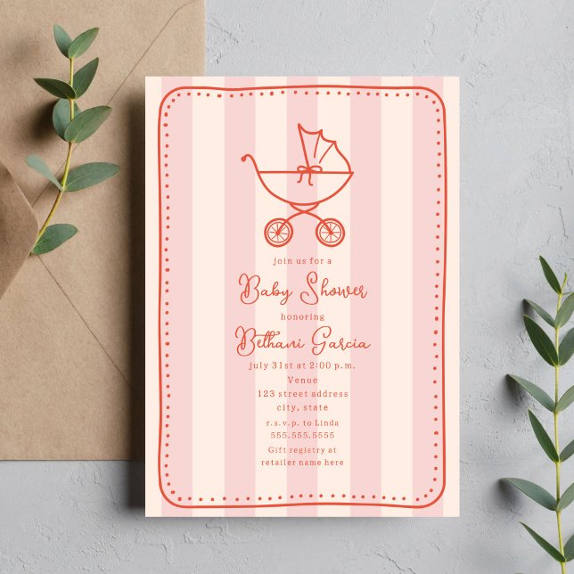 Barnvagn Sketch Doodle Dots Rosa Girl Baby Shower Inbjudningar (Skapare uppladdad)
