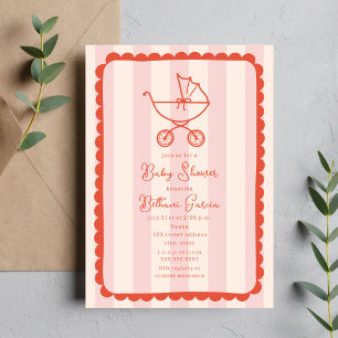 Barnvagn Sketch Scalloped Rosa Girl Baby Shower Inbjudningar