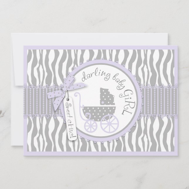 Barnvagn, Zebratryck & Lavendel Baby Shower Inbjudningar (Framsida)