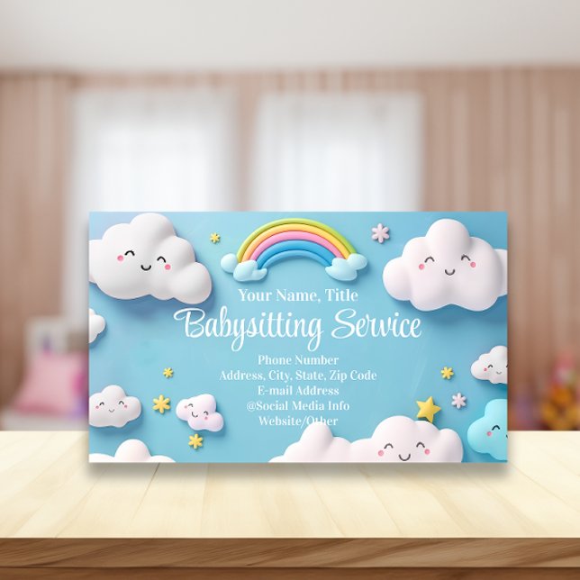 Barnvakt Dagmamma Barnomsorg Glada moln Visitkort (pastel babysitting childcare business cards)