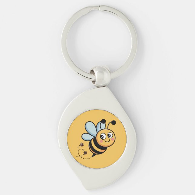 Barnvänlig binmaskot med prickig stig swirl silverfärgad nyckelring (Framsidan)