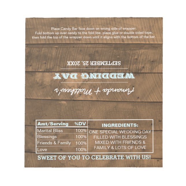 Barnwood Ljus Aqua Wedding Favor Candy Wrappers Anteckningsblock (Framsida)