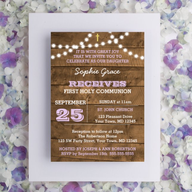Barnwood Ljus Lilac First Heliga Communion Inbjudningar (Skapare uppladdad)