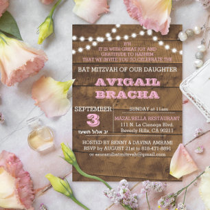 Barnwood Ljus Rosa B"H Bat mitzvah bjudan Inbjudningar