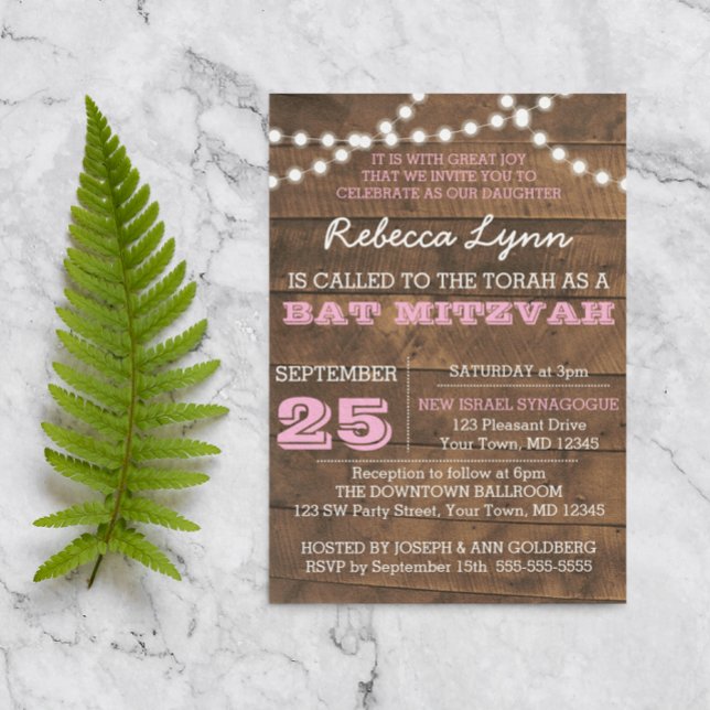 Barnwood Ljus Rosa Bat mitzvah Anpassningsbar Inbj Inbjudningar (Skapare uppladdad)