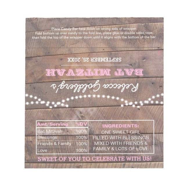 Barnwood Ljus Rosa Bat mitzvah Candy Wrappers Anteckningsblock (Framsida)