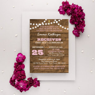Barnwood Ljus Rosa First Communion-inbjudan Inbjudningar