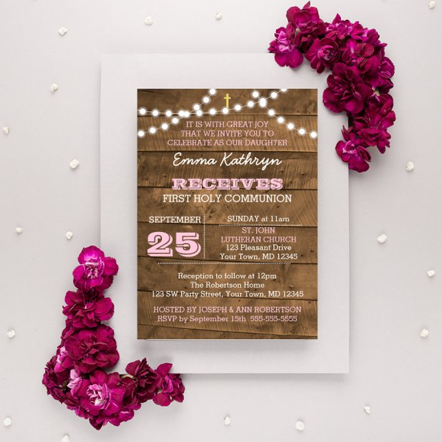 Barnwood Ljus Rosa First Communion-inbjudan Inbjudningar (Skapare uppladdad)