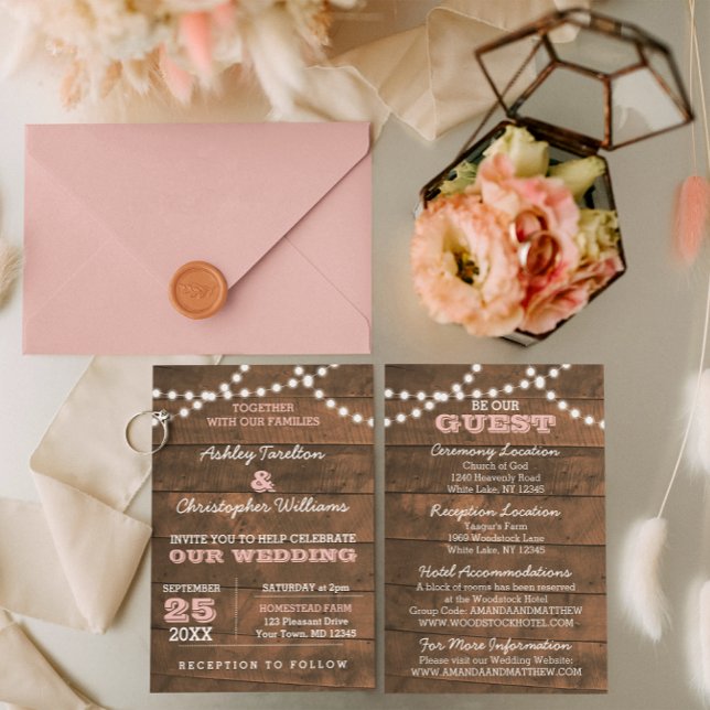 Barnwood Ljus Rosa Wedding bjudande Inbjudningar (Skapare uppladdad)
