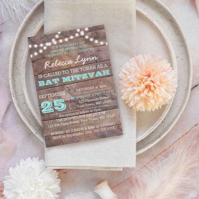 Barnwood Ljus Teal Bat mitzvah bjudan Inbjudningar (Skapare uppladdad)
