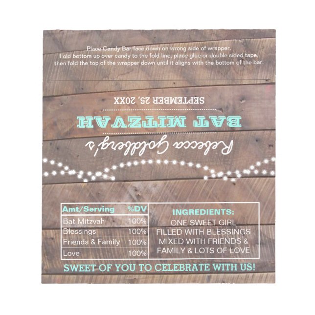 Barnwood Ljus Teal Bat mitzvah Candy Wrappers Anteckningsblock (Framsida)