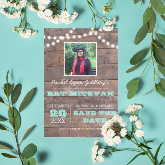 Barnwood Ljus Teal Bat mitzvah Photo Spara Date Meddelande Vykort (Skapare uppladdad)