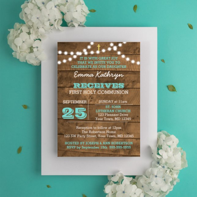 Barnwood Ljus Teal First Communion-inbjudan Inbjudningar (Skapare uppladdad)