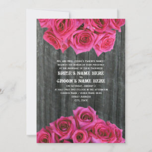 Barnwood och Shock rosa Rosor bröllopsinbjudan Inbjudningar