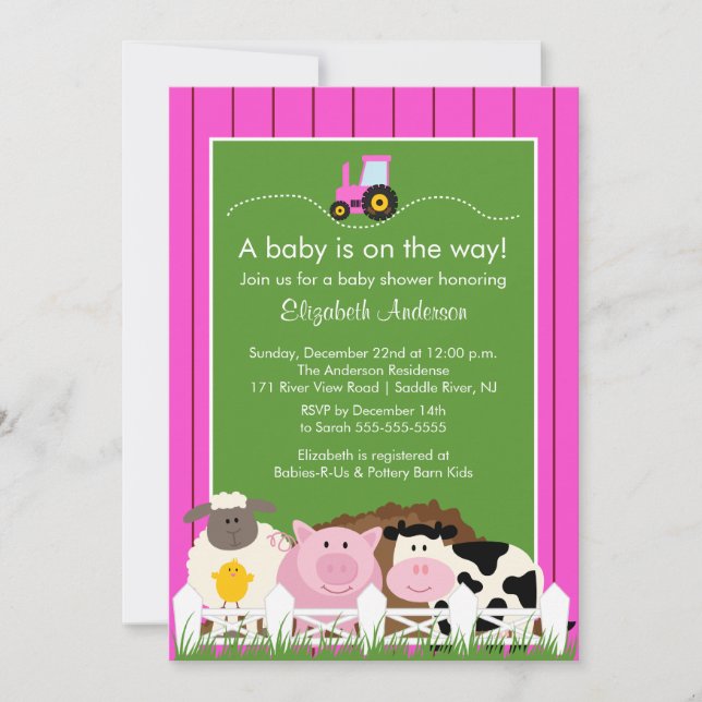 Barnyard Animals Baby Shower-inbjudan Rosa Girls Inbjudningar (Framsida)