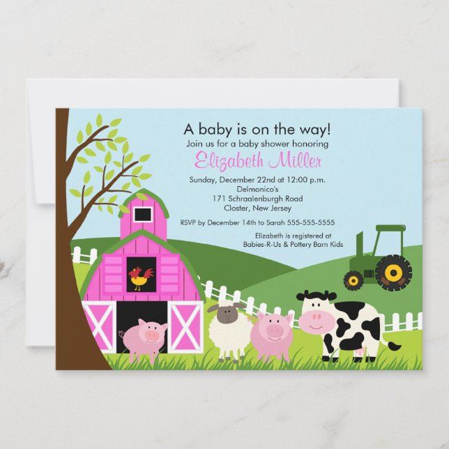 Barnyard Animals Baby Shower Inbjudan till Rosa Gi (Framsida)