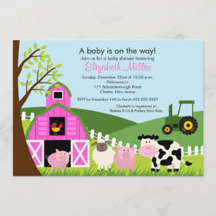 Barnyard Animals Baby Shower Inbjudan till Rosa Gi