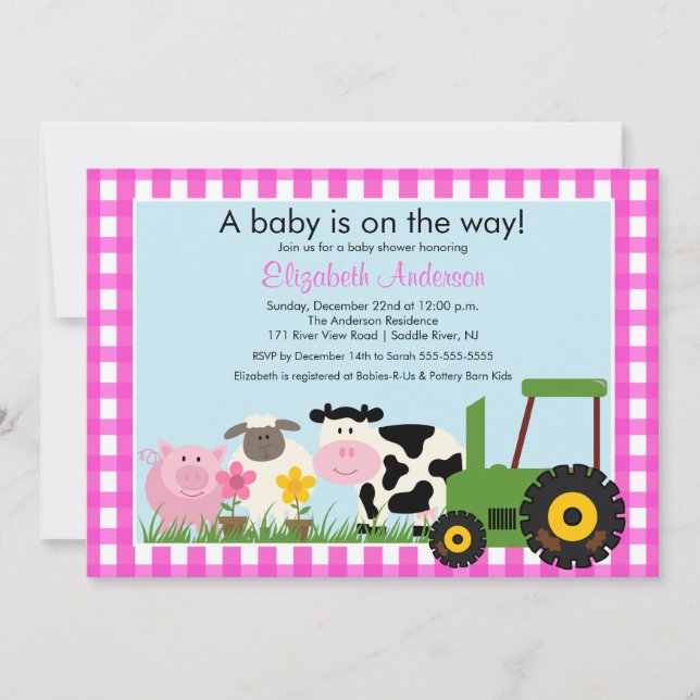 Barnyard Animals Baby Shower-inbjudan till Rosa Gi Inbjudningar (Framsida)