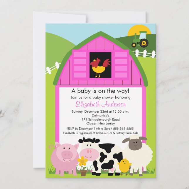 Barnyard Animals Baby Shower-inbjudan till Rosa Gi Inbjudningar (Framsida)