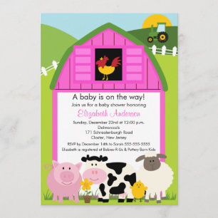 Barnyard Animals Baby Shower-inbjudan till Rosa Gi Inbjudningar