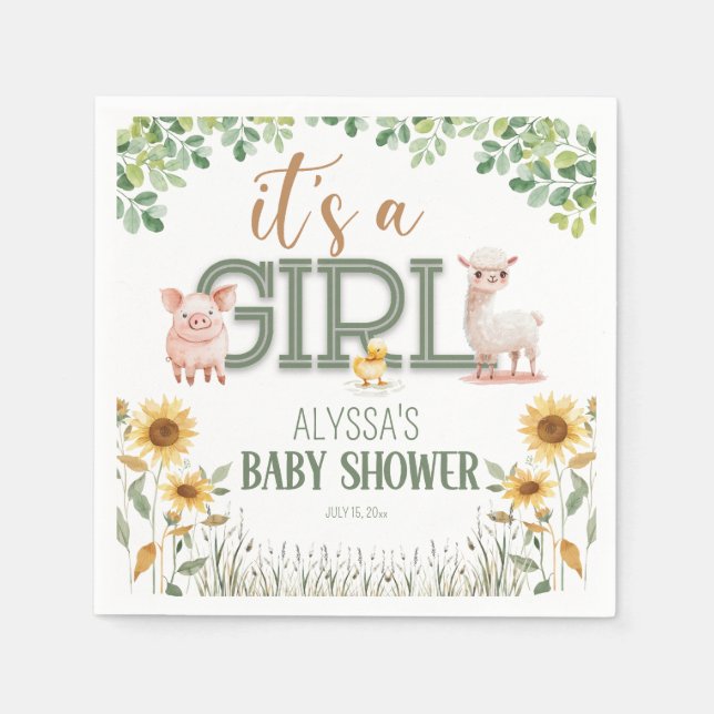 Barnyard Animals Flicka Baby Shower Pappersservett (Framsidan)