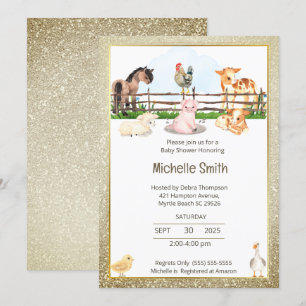 Barnyard Animals Guld Glitter Baby Shower Inbjudningar