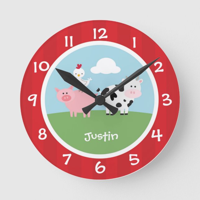 Barnyard Animals Nursery Wall Clock Rund Klocka (Framsida)