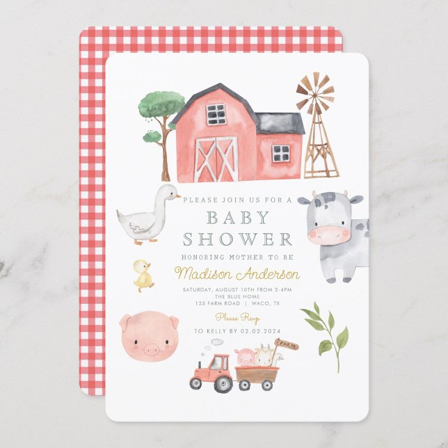 Barnyard Baby Shower för vattenfärg Cute Boskap Ba Inbjudningar (Skapare uppladdad)