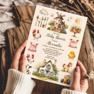 Barnyard Baby Shower för vattenfärg Cute Boskap Ba Inbjudningar
