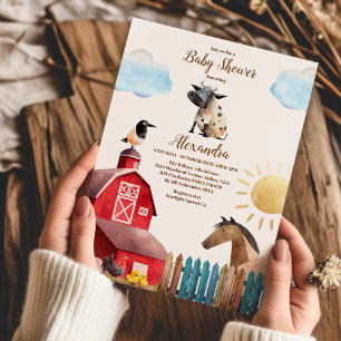 Barnyard Baby Shower för vattenfärg Cute Boskap Ba Inbjudningar