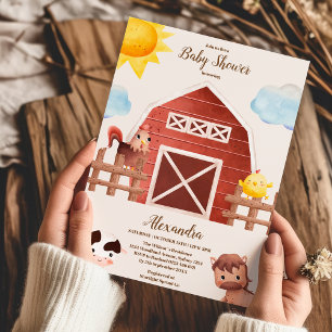Barnyard Baby Shower för vattenfärg Cute Boskap Ba Inbjudningar
