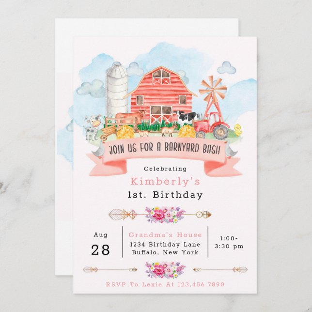Barnyard Bash Boskap 1:a. Födelsedagsfest-IV Inbjudningar (Fram/baksida)