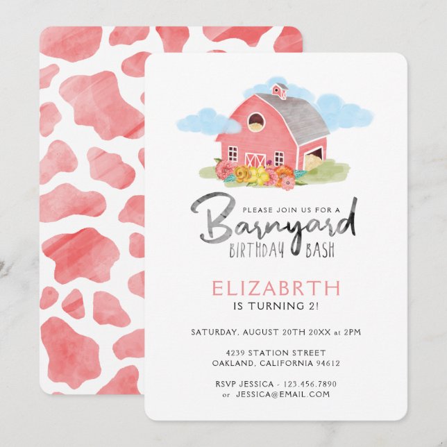 Barnyard Birthday Bash Watercolor Land Farm Inbjudningar (Fram/baksida)