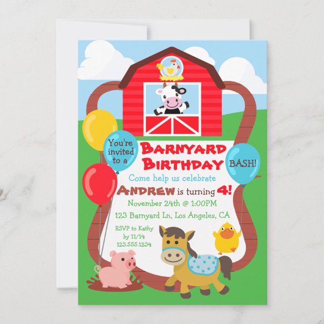 Barnyard Birthday Kids bjudande - Boskap Inbjudningar (Framsida)