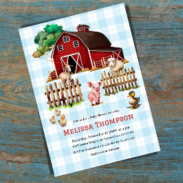 Barnyard Blue Play Boskap Baby Shower Boy Inbjudningar