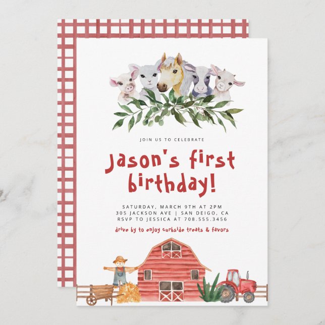 Barnyard Boskap Birthday Parad Watercolor I Inbjudningar (Fram/baksida)