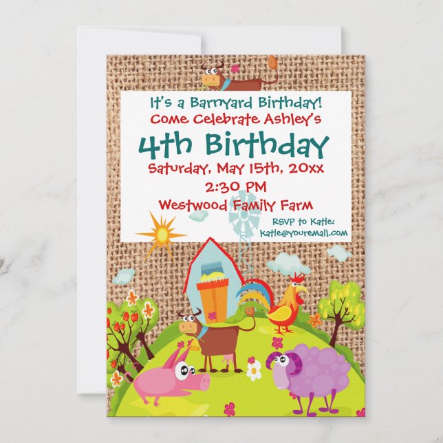 Barnyard Boskap Burlap Birthday-inbjudningar Inbjudningar (Framsida)