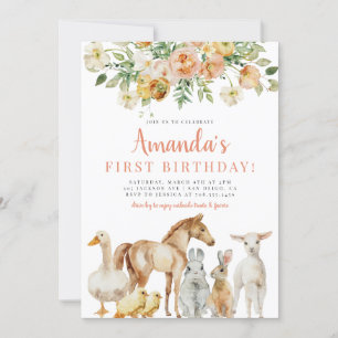 Barnyard Boskap Girl Blommigt Peach Birthday Inbjudningar