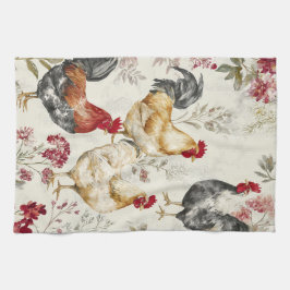 Barnyard Chickens and Botanical Pattern Design Kökshandduk