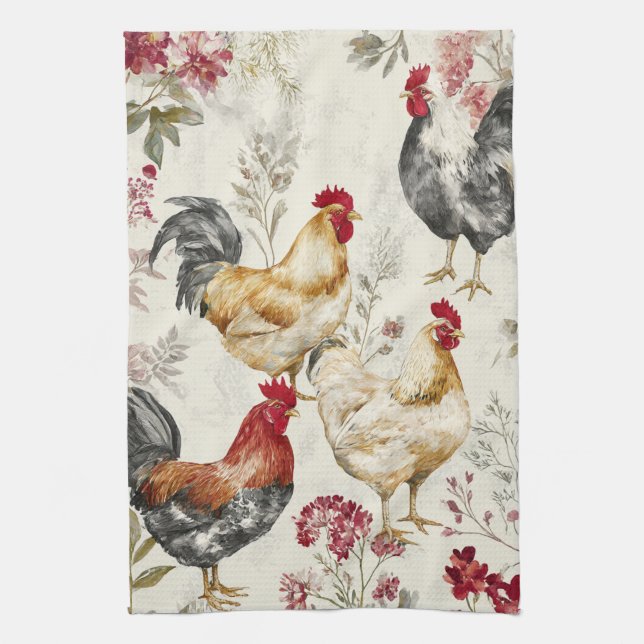 Barnyard Chickens and Botanical Pattern Design Kökshandduk (Vertikal)