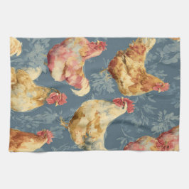 Barnyard Chickens and Botanical Pattern Design Kökshandduk