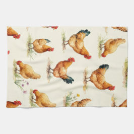Barnyard Chickens and Botanical Pattern Design Kökshandduk