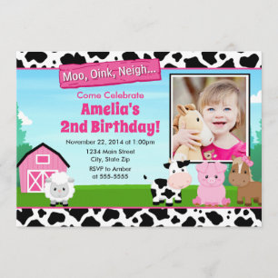Barnyard Farm Birthday Girl Investigation Rosa Inbjudningar