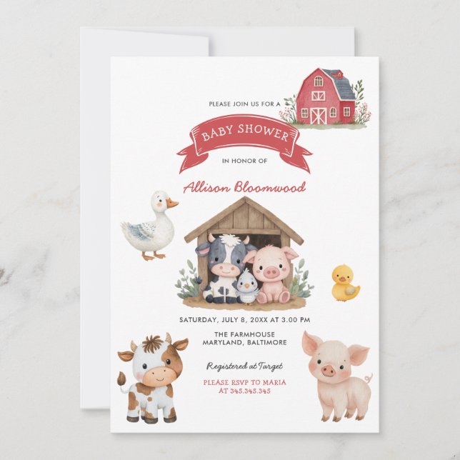 Barnyard Farm Cute Animals Baby Shower Inbjudningar (Framsida)