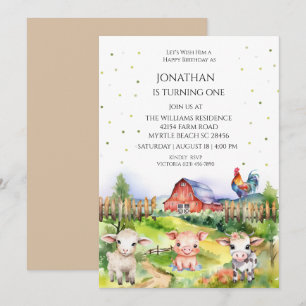 Barnyard Farm Theme Boys 1:a födelsedagen Party Inbjudningar