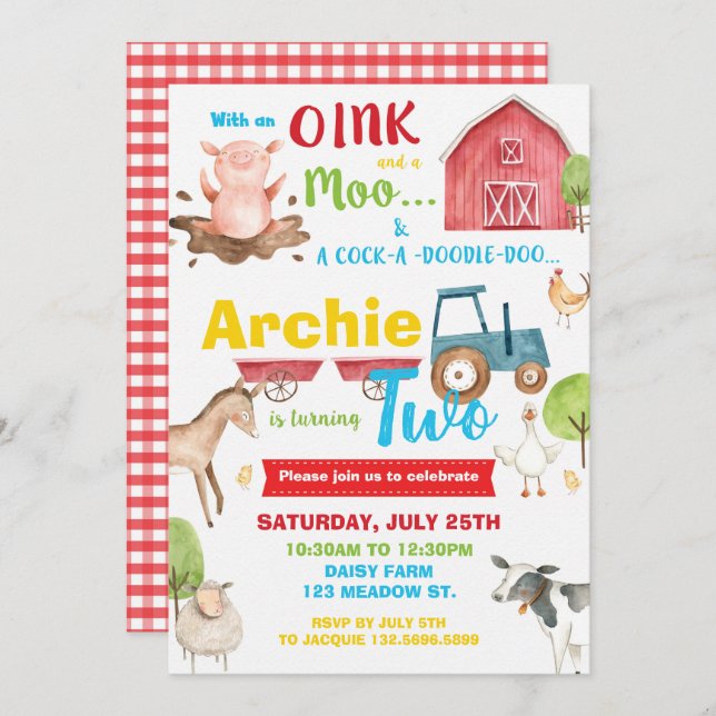 Barnyard Födelsedagsfest Boskap Turning Two Inbjudningar (Fram/baksida)