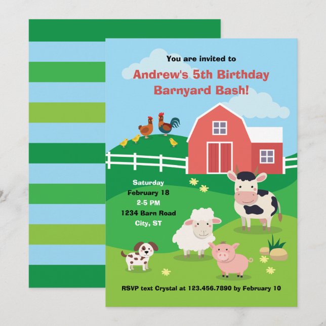 Barnyard med Animals Födelsedagsfest inbjudan (Fram/baksida)
