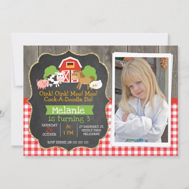 Barnyard Part Chalkboard Foto Birthday Inbjudan (Framsida)
